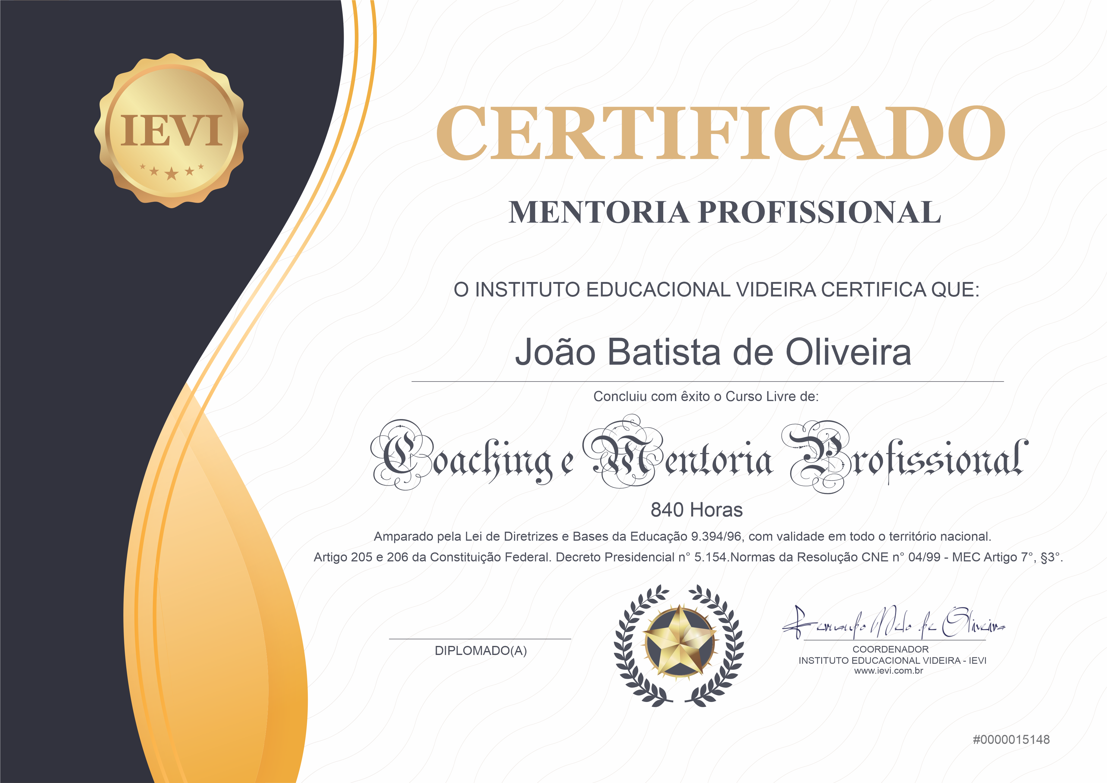 Certificado Confeccionado Coaching E Mentoria Ievi